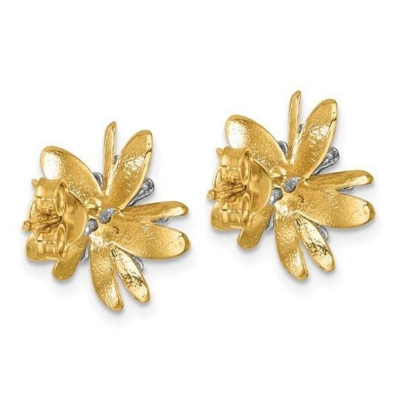 Herco 14K Two-tone Polished and Textured Diamond Flower Post Earrings - Picture 3 of 5